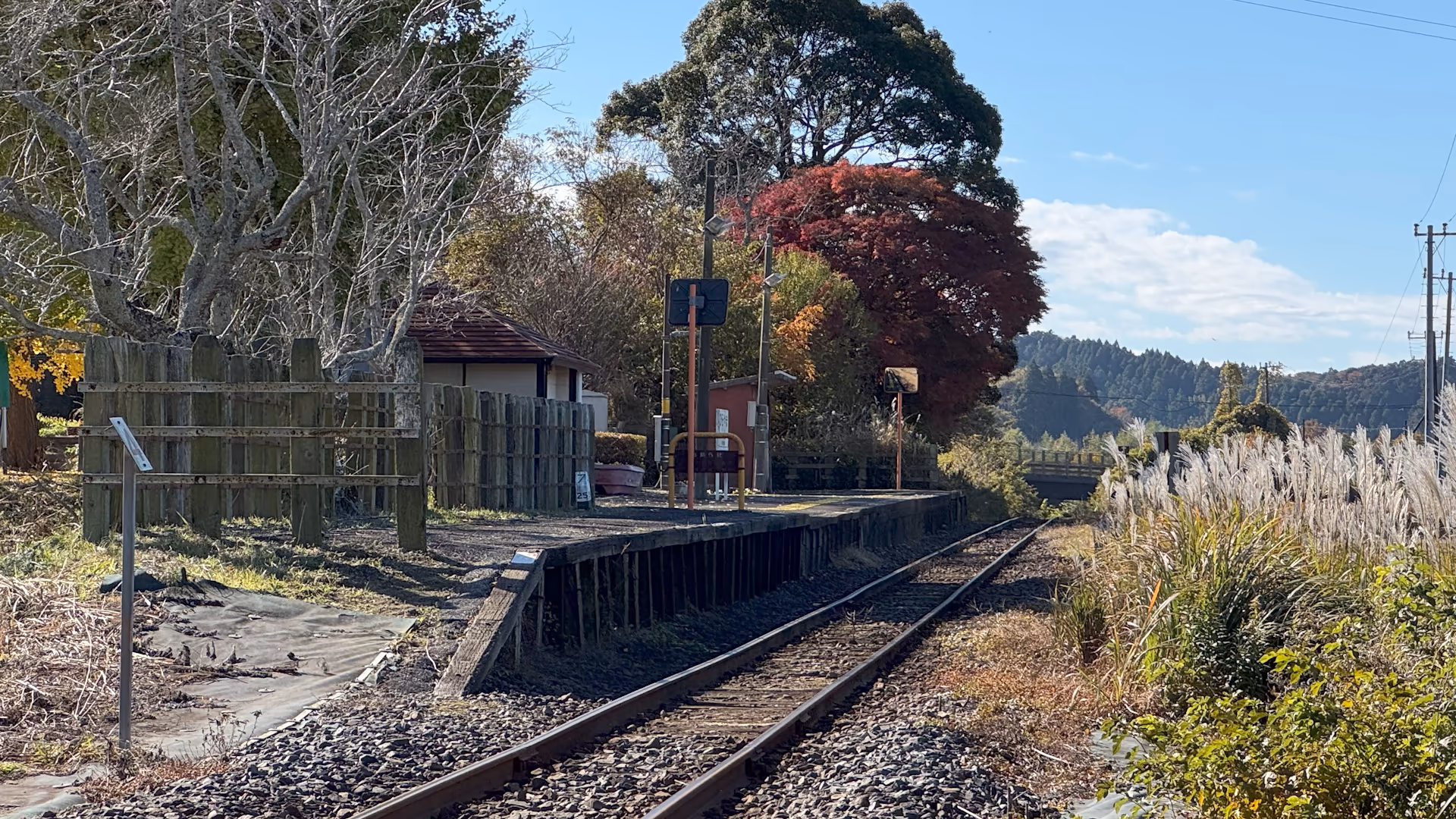 平山踏切から平山駅を見る